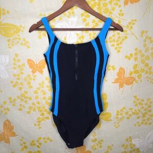 Mainstream Vintage Ribbed One Piece Surf Swimsuit Black Blue Zip Front Size 10
